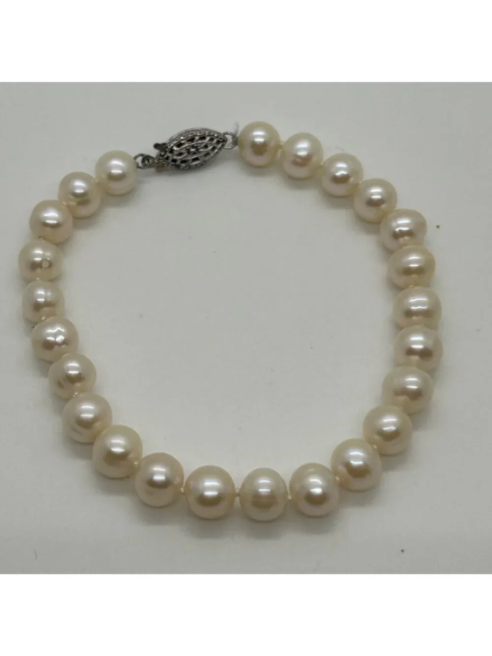 Faux Pearl Strand Bracelet Silver Tone Cream Color Filigree Clasp Elegant Weddin